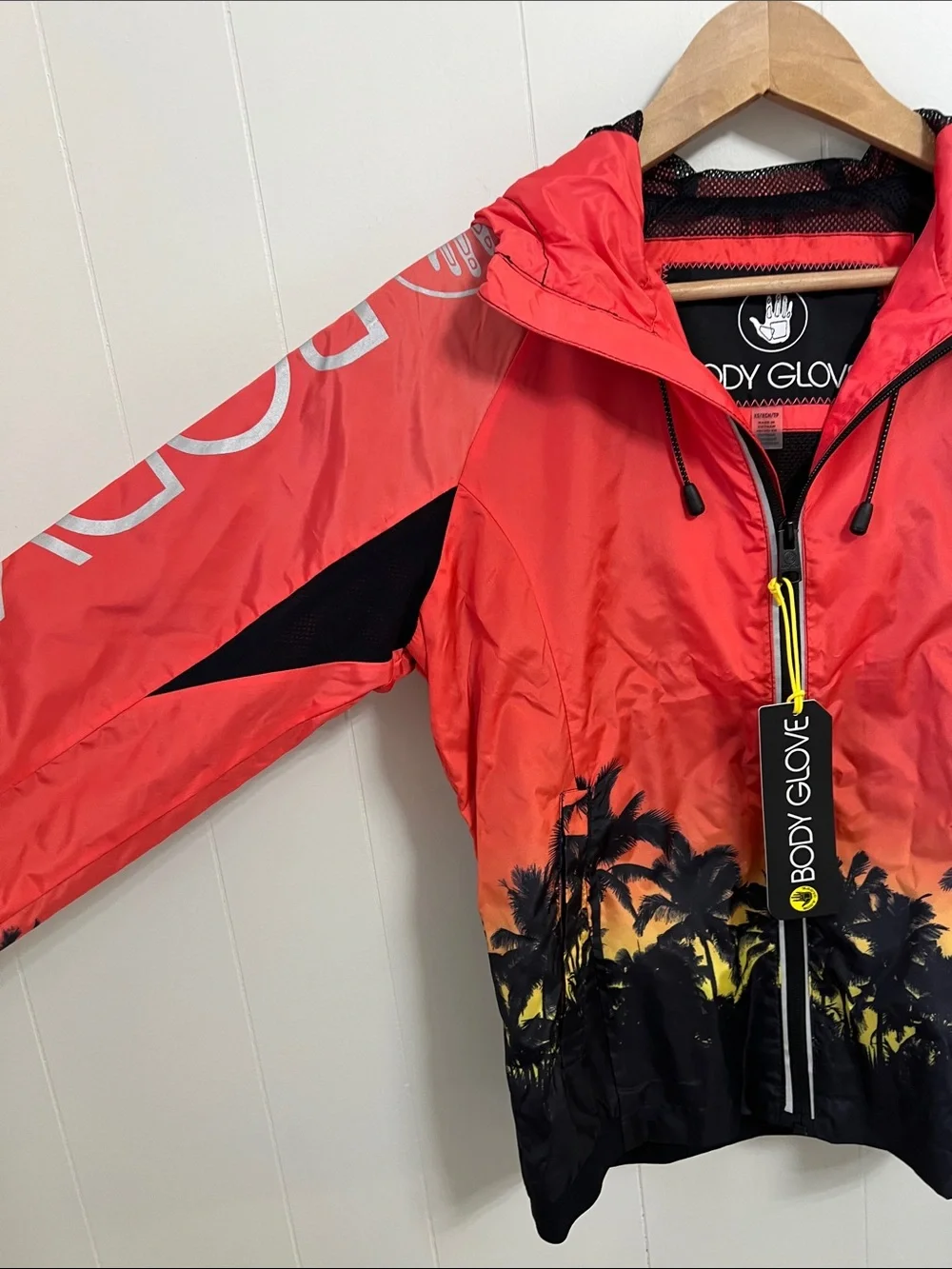 NEW Body Glove Vibrant Sunset Palm Tree Print Hooded Windbreaker Light Jacket XS